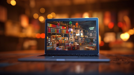 打折背景图片_用于电子商务和在线购物的数字店面显示在具有 3D 背景的笔记本电脑上