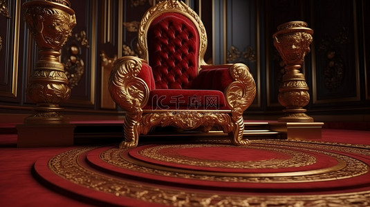 富丽堂皇的红色皇家椅子豪华王座和金色绳索屏障与红地毯楼梯的 3D 渲染