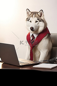 戴红领带的哈士奇狗坐在笔记本电脑旁边