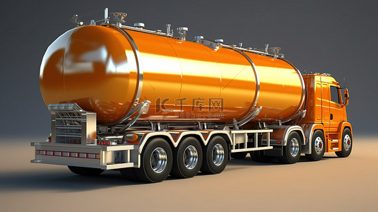 抛光金属拖车连接到大型橙色油罐车的 3D 插图，具有多个视图