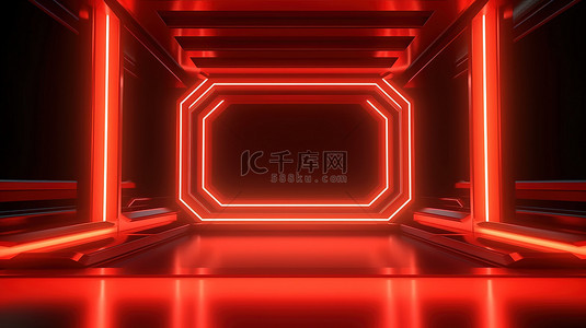 红色方形背景图片_现代科幻舞台与红色霓虹灯照明在反射室 3D 渲染