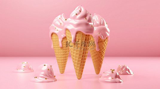 粉红色背景上的镀金粉红色冰淇淋 3D 渲染的喜悦