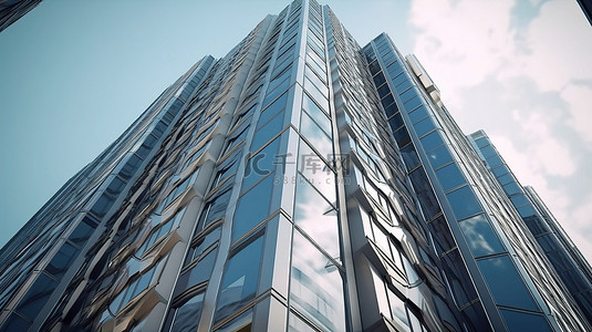 从低角度视角时尚摩天大楼企业办公楼的 3D 渲染