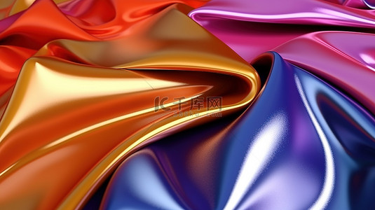 彩色 PU 皮革乳胶织物的特写褶皱的光泽 3D 渲染，具有眩光和反射