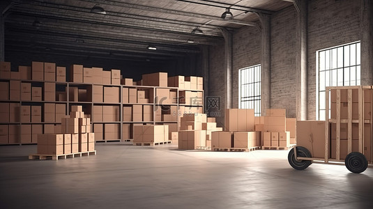 推车货物背景图片_插图 3d 渲染的推车和仓库存储中的纸板箱堆栈