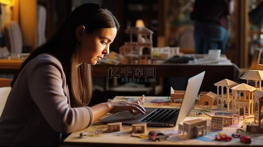 女木匠在笔记本电脑上设计餐桌，然后进行 3D 制作