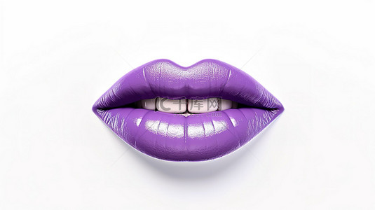 紫色口红亲吻女性嘴唇，在 3d 创建的白色背景上做出爱的姿态