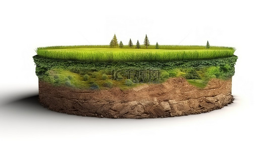 绿色花圆形花背景图片_一片圆形草地的 3D 插图，有横截面土壤和郁郁葱葱的绿色植物