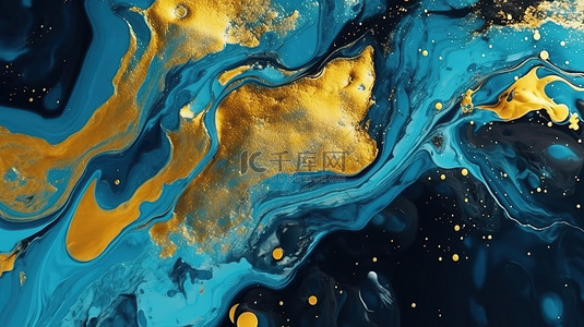 深蓝色大理石丙烯酸流体纹理上的金色飞溅 3D 插图