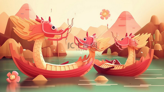 红色的船背景图片_端午节水上龙舟红色的龙船