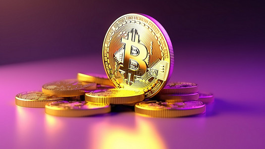 从美元到加密货币，比特币和美元硬币在充满活力的紫色背景上的 3D 渲染