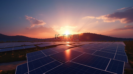 风景秀丽的日落与蓝天展示 3D 渲染太阳能发电技术和替代能源太阳能电池板模块