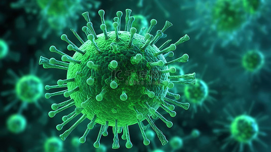绿色医疗背景图片_绿色病毒细菌细胞的 3D 医学和科学概念渲染