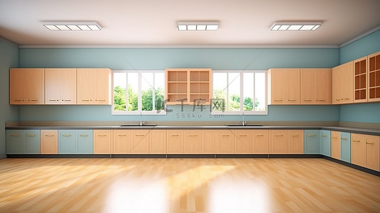 培训业务背景图片_教室座位配有 3D 渲染的厨房风格家具