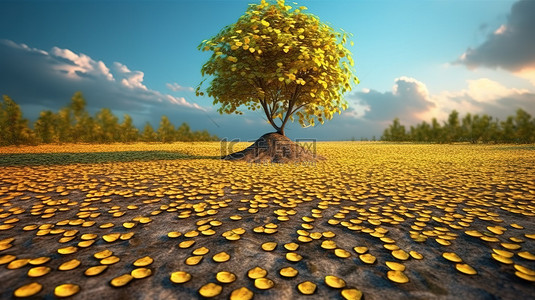 下降背景图片_金钱树与金币下降投资概念的 3d 渲染