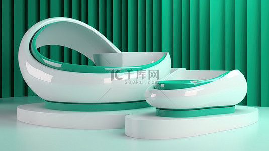 夏季美容背景图片_用于产品演示的曲线美绿色和白色 3D 抽象基座
