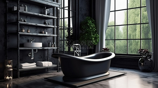 豪华住宅中精致的浴室设计玻璃浴缸架和黑色大理石内饰
