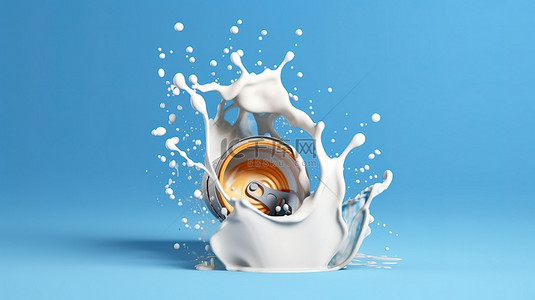 蓝色背景的 3D 渲染插图，牛奶溅到饮料罐上