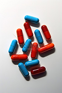 胶囊ban背景图片_白色背景上的一些蓝色和橙色小药丸胶囊