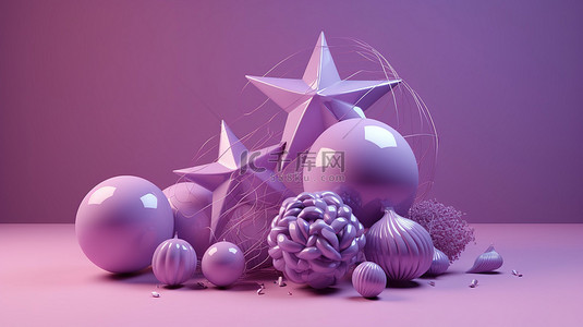 3d 创建的紫色背景上柔和的柔和星星球体和线条