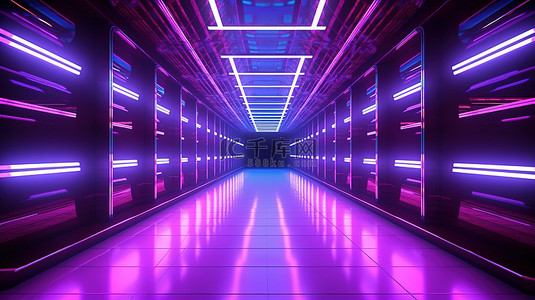 科幻走廊和走廊隧道令人印象深刻的未来派建筑与霓虹灯 3D 渲染