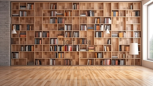 现代图书馆的真实 3D 渲染，配有宽敞的木制书架和镶木地板