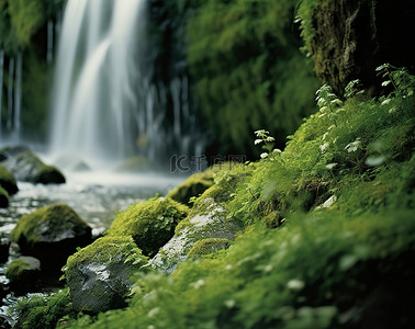 瀑布背景图片_森林附近草地上的绿色瀑布