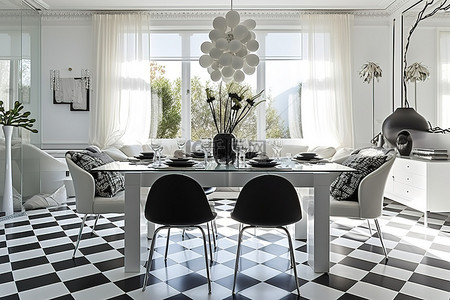 餐桌桌面背景图片_白色的餐厅有黑白格子地板