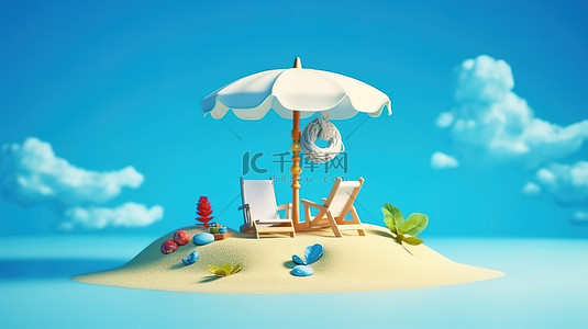 躺椅背景图片_卡通沙岛的 3D 渲染，配有雨伞和躺椅，是您完美的夏日度假胜地
