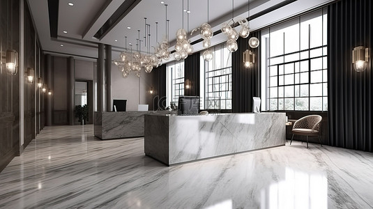 现代豪华酒店和办公室 3d 渲染中的大理石装饰接待处和休息室