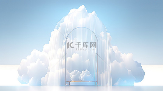 漂浮的云背景图片_3d 几何展示台和漂浮在云中的白色窗帘令人惊叹的产品展示