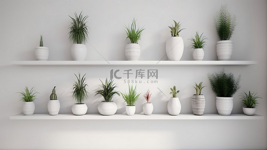 白色展示架展示盆栽植物的 3D 渲染插图