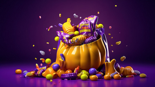 黄色袋子里的彩色糖果和糖果在紫色背景 3d 渲染上庆祝传统的万圣节十月假期