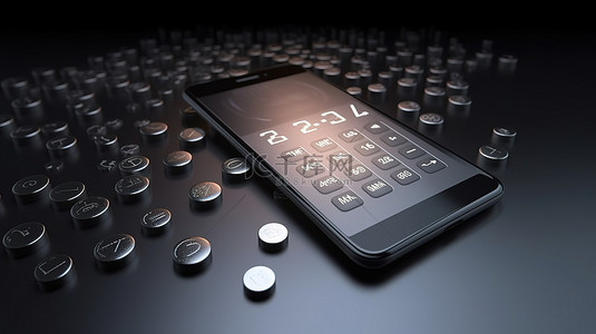 极简主义数字计算器在手机上呈现数字符号插图背景和硬币