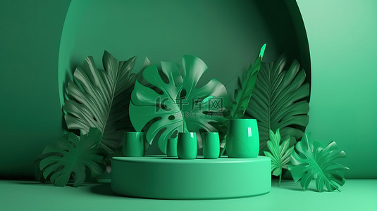 3D 渲染背景中的绿色 Monstera 讲台非常适合展示化妆品