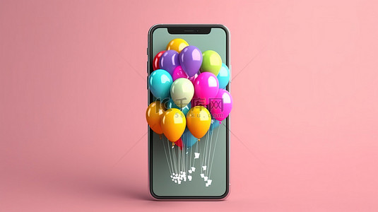 手机的 3D 渲染，上面装饰着礼物和象征销售活动的高飞气球