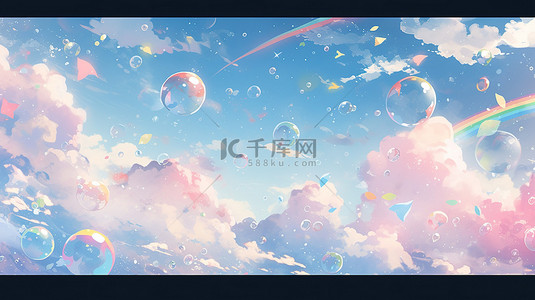 云彩天空背景图片_壁纸以 3D 渲染的梦幻彩虹天空为特色，柔和柔和的色调装饰着蓬松的云彩气泡和星星