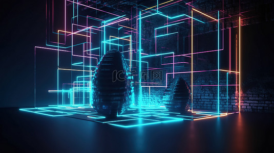 未来城市背景图片_霓虹灯照明空间构造抽象背景的 3D 插图