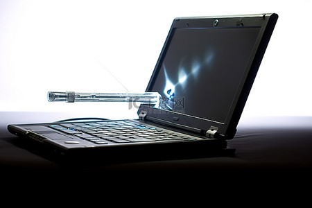 侧面放着一台笔记本电脑，上面有一根魔杖