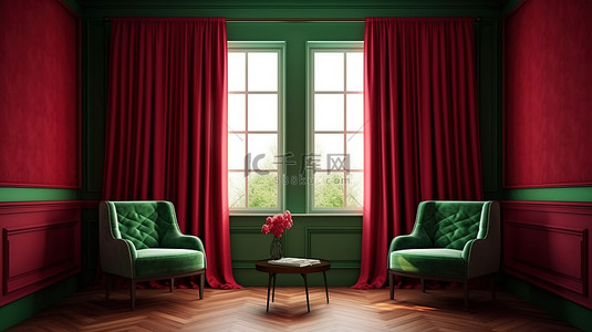 经典室内装饰的现代扭曲绿色墙壁红色和勃艮第扶手椅桌子窗帘和窗户在空房间3D渲染插图
