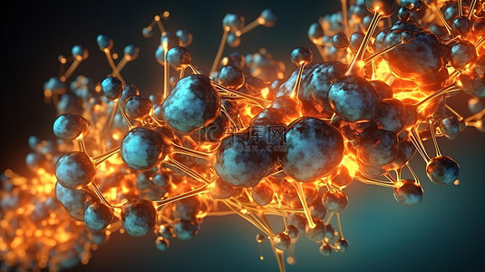 抽象原子和分子在火热条纹中爆炸 3D 插图