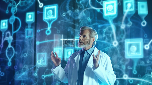 医生的手背景图片_医疗专业人员使用的 3D 渲染中的数字问号界面