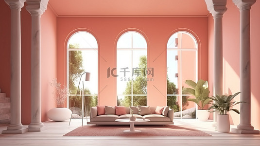 海报背景墙壁背景图片_时尚的阁楼设计高品质 3D 渲染，色彩精美的内部配有柱子和现代家具