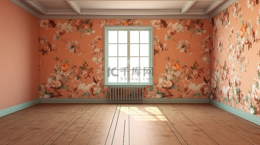 高清墙背景图片_带有花卉装饰墙和简约家具的房间的 3D 渲染