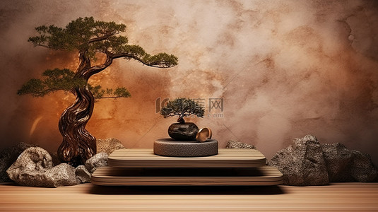 用于产品展示的棕色背景日本石基座和盆景树的 3D 渲染插图