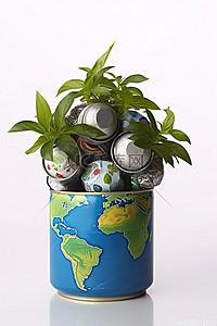 绿叶地球背景图片_一个带有彩色地球仪绿叶和植物的罐头