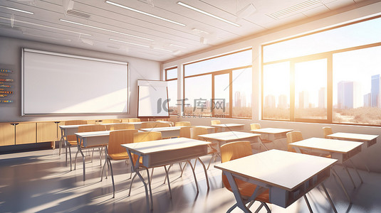 教室的 3D 插图透过配有白板和课桌的大窗户充满阳光