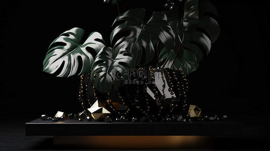 时尚奢侈品背景图片_时尚的黑色背景上装饰着龟背竹花盆和水晶装饰的现代讲台