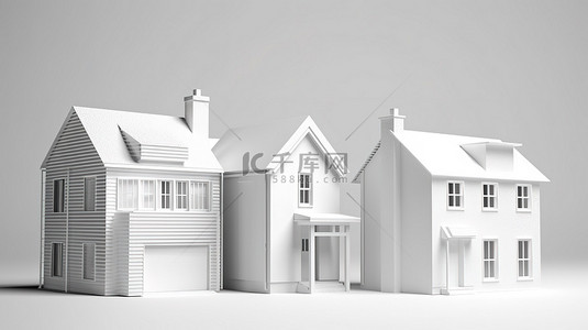 白色背景下最小 3d 渲染中的三个房屋