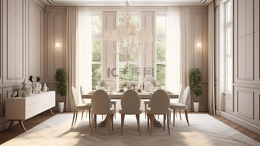 豪华晚餐背景图片_现代用餐区，带有一丝优雅，被窗户的自然光照亮 3D 插图